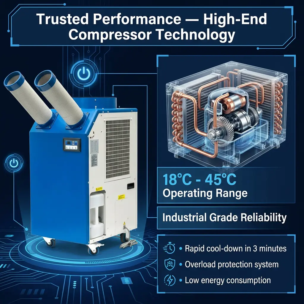 OEM 14L Bồn chứa lớn Công suất 2700W Máy nén quay 9300BTU Máy làm mát điểm di động Máy điều hòa không khí công nghiệp cho xưởng OEM 14L Bồn chứa lớn Công suất 2700W Máy nén quay 9300BTU Máy làm mát điểm di động Máy điều hòa không khí công nghiệp cho xưởng