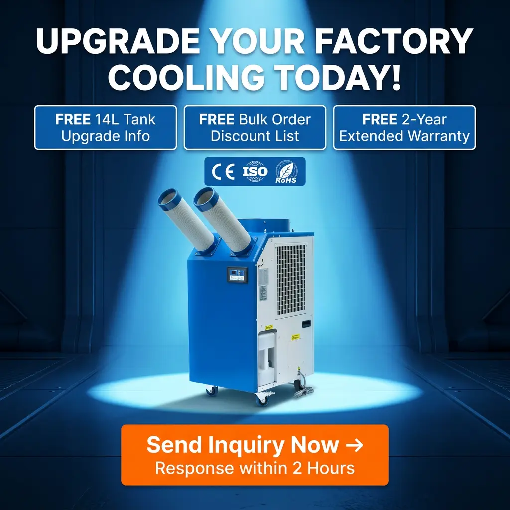 OEM 14L Bồn chứa lớn Công suất 2700W Máy nén quay 9300BTU Máy làm mát điểm di động Máy điều hòa không khí công nghiệp cho xưởng